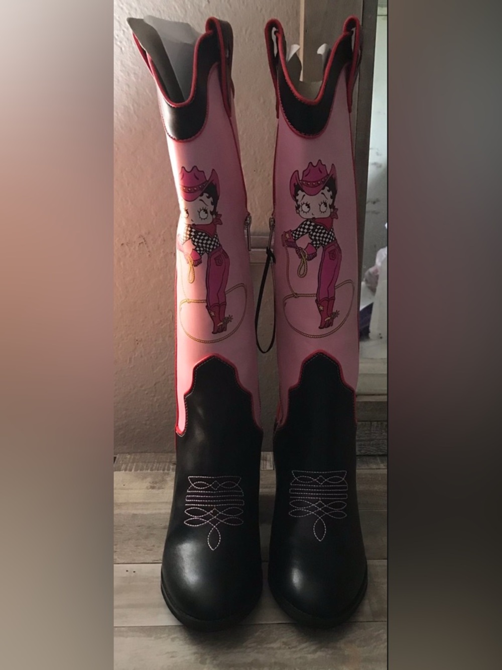 Dolls Kill Pink & Black Betty Boop Cowboy Knee-High Boots